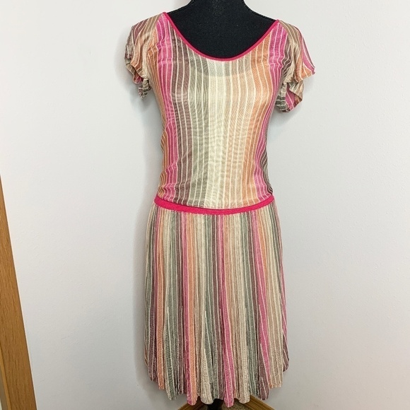 BOSS Orange Silk Multicolor Stripe Fit and Flare Dress - Picture 1 of 7